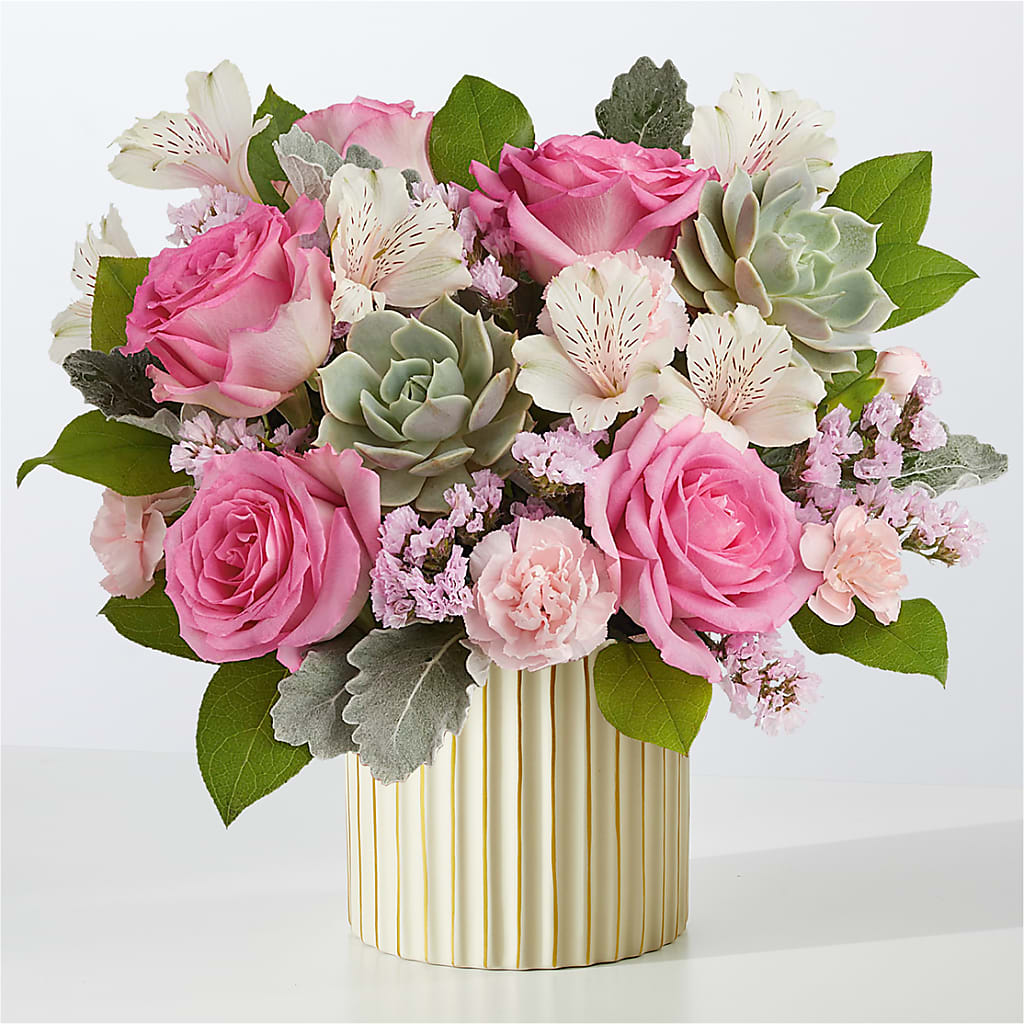 Dusty Rose Bouquet with Ivory Vase – Rosewood Flower Shop, Humble TX