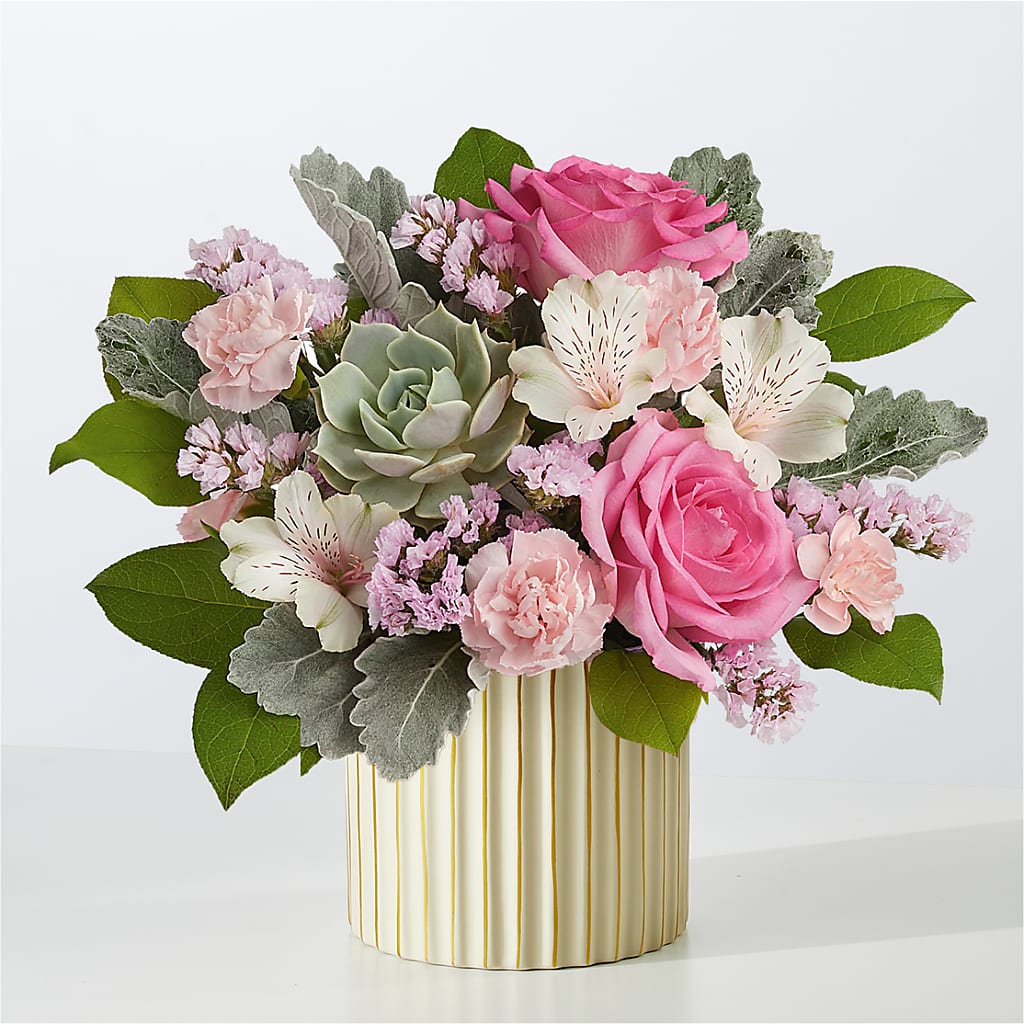 Dusty Rose Bouquet with Ivory Vase – Rosewood Flower Shop, Humble TX