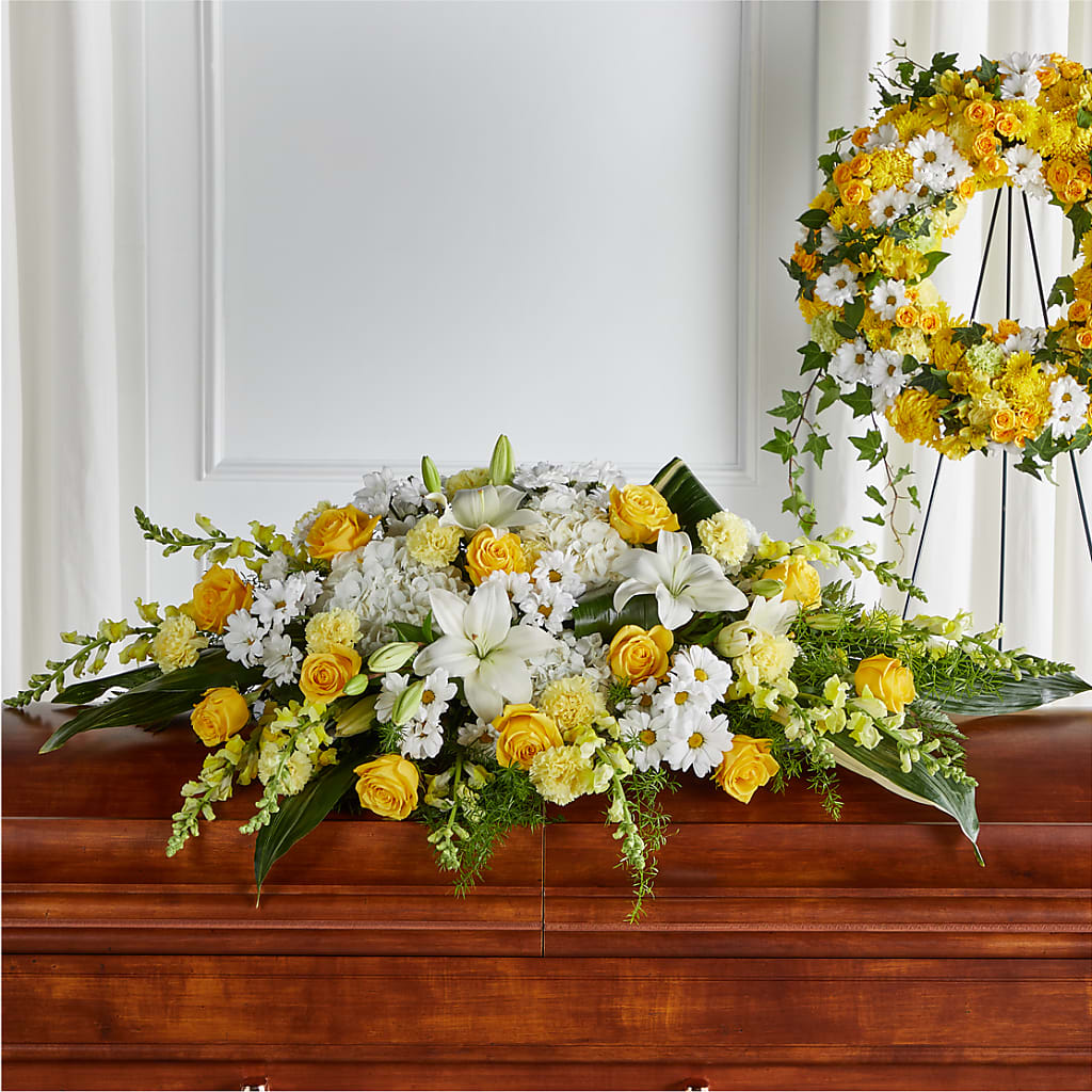 Golden Harmony Casket Spray – Rosewood Flower Shop, Humble TX