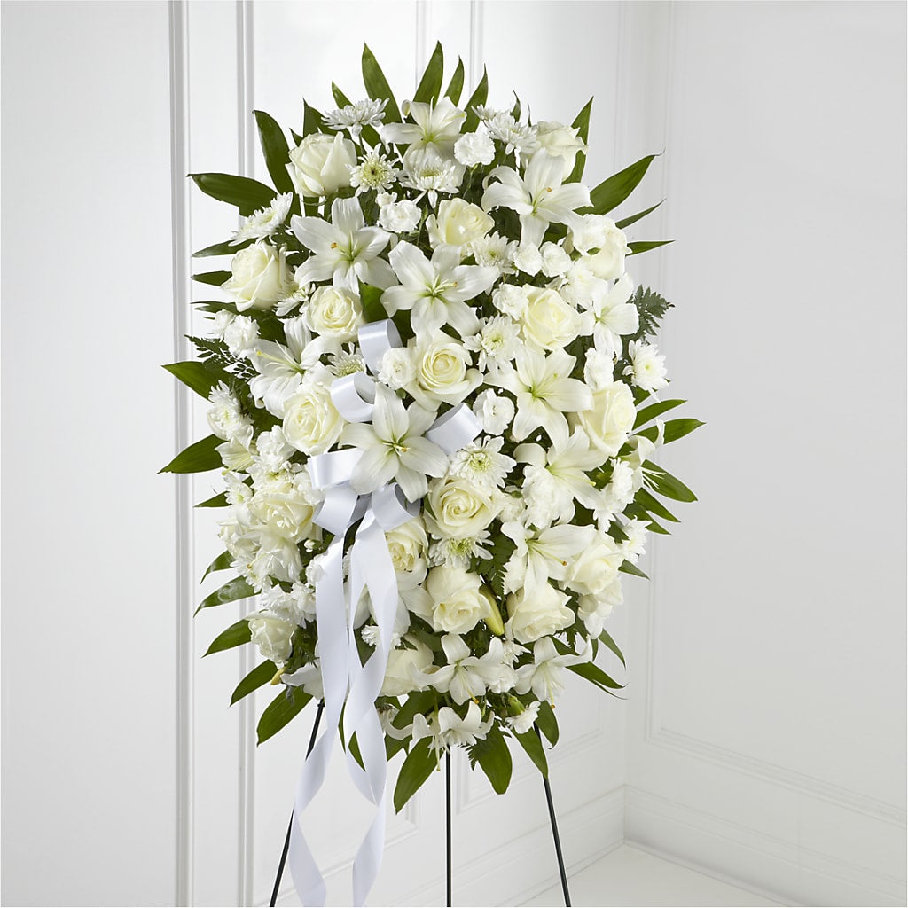 Exquisite Tribute Standing Spray-White Ribbon – Rosewood Flower Shop, Humble TX