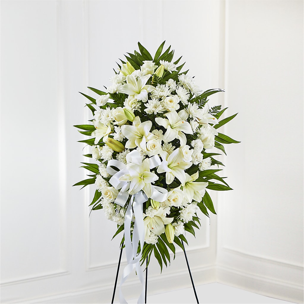 Exquisite Tribute Standing Spray-White Ribbon – Rosewood Flower Shop, Humble TX