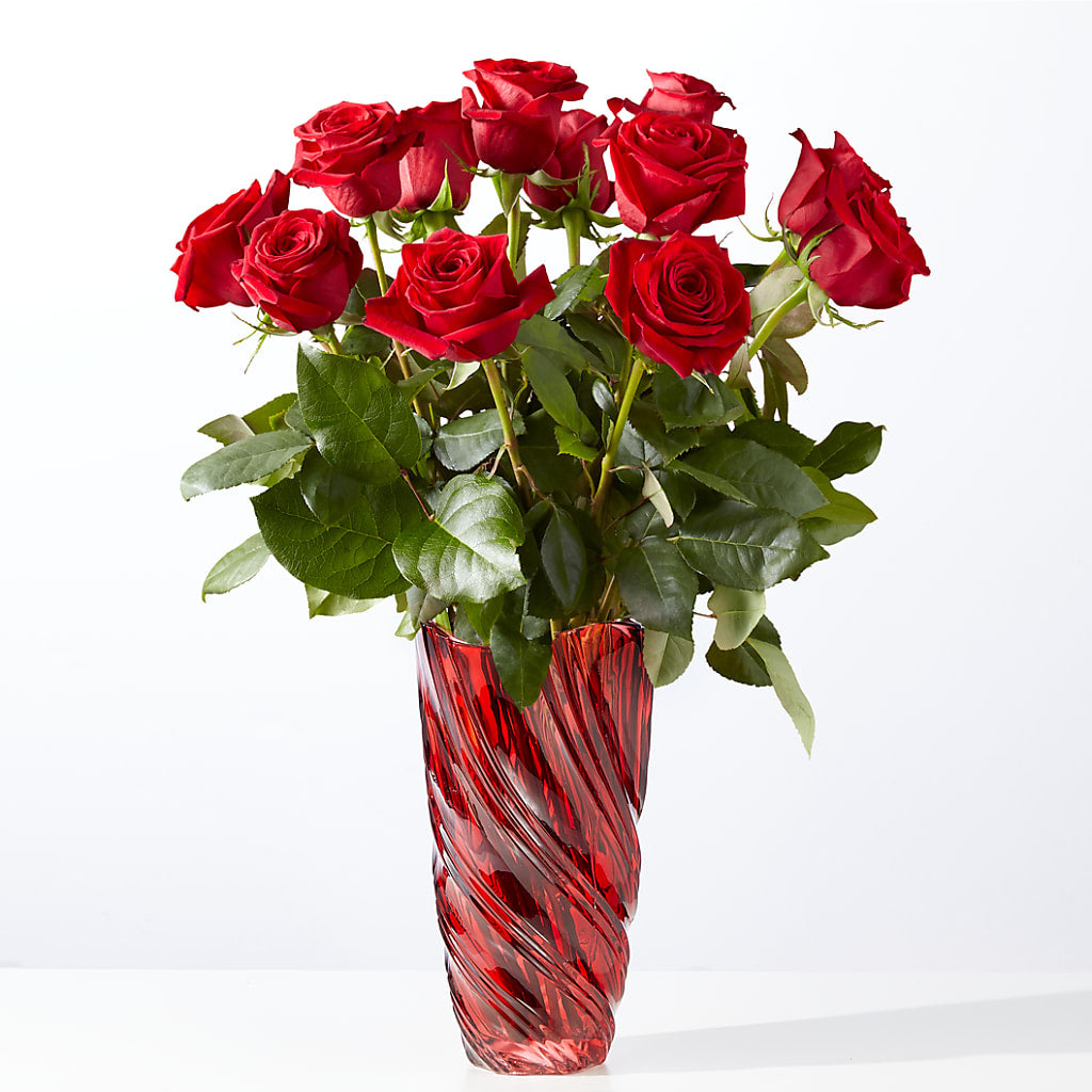 Classic Love Red Rose Bouquet with Luxe Swirl Vase – Rosewood Flower Shop, Humble TX