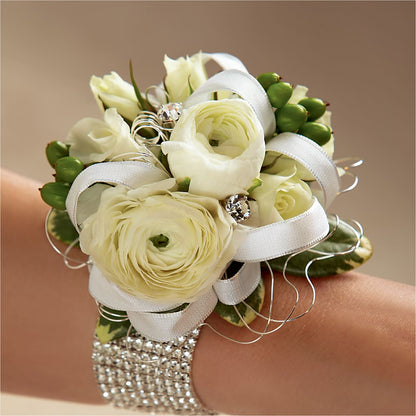 White Wedding Corsage –  Rosewood Flower Shop, Humble TX